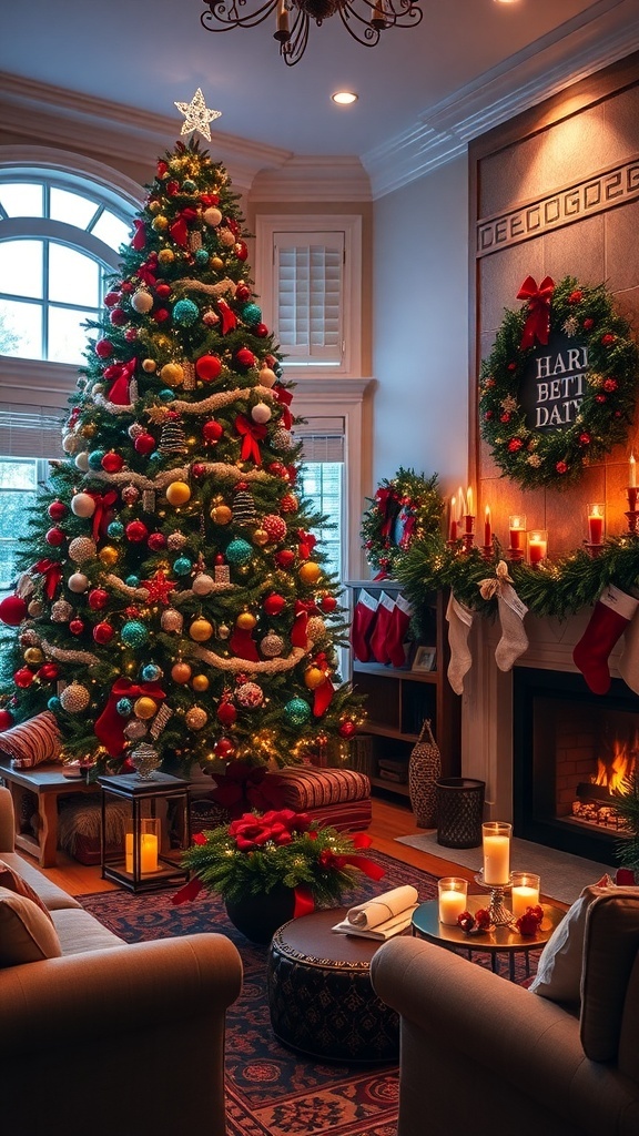 A cozy Christmas living room with a decorated tree, stockings, and festive decor.